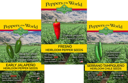 Seed packets for Jalapeno, Serrano and Fresno pepper seeds