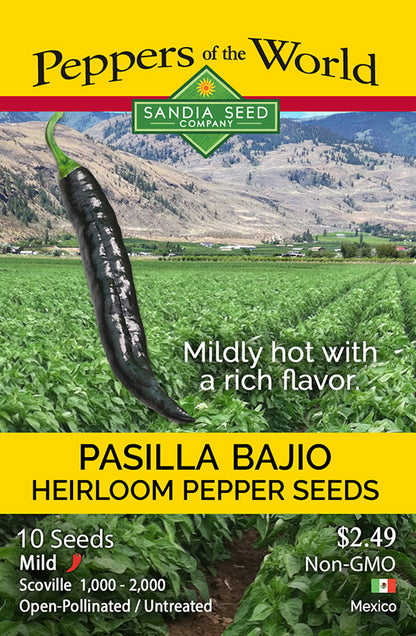 Heirloom Pasilla Bajio Chilaca Chile Seed packet mild heat Mexico pepper mole